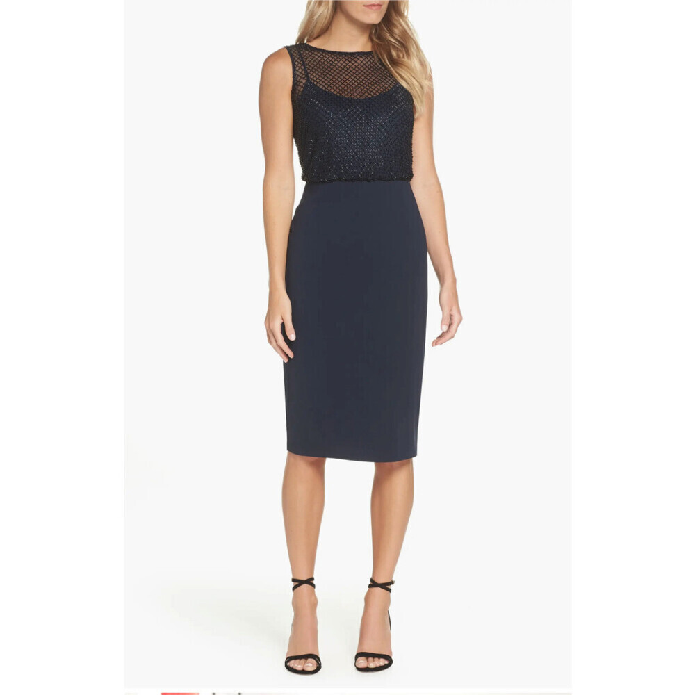 Adrianna Papell Navy Beaded Mesh Bodice Midi Dress